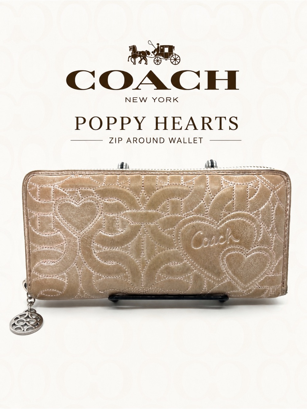 Coach Poppy Hearts Zip-Around Wallet - Metallic Light Gold Y2K